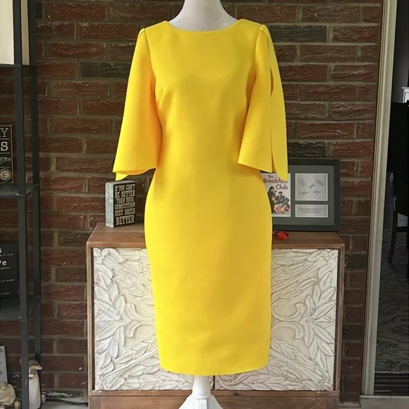 Badgley Mischka Split Sleeve Lemon Sunshine Midi Dress Size 4 NWT